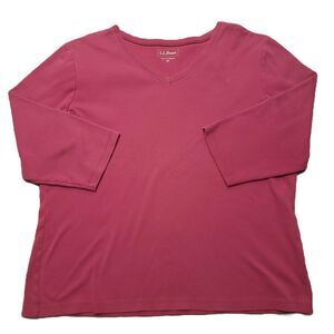 LL Bean Womens M  Shirt V Neck 3/4 Sleeve Pullover Casual Pink Top